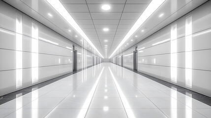 Long modern hallway with white walls and shiny floors in a contemporary business building perspective view