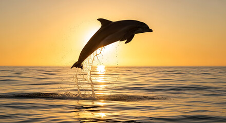 Ai generative,silhouette of a dolphin jumping into the sunset