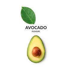 Green Leaf and Halved Avocado with Pit isolated on the white background with copy space