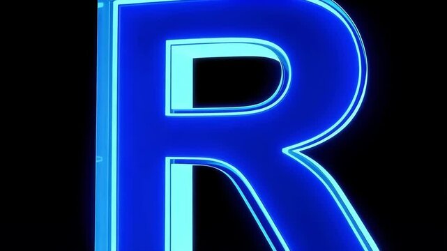 Illuminated letter R on a black backdrop, with a vibrant blue neon glow showcasing 3D rendering for modern design elements.