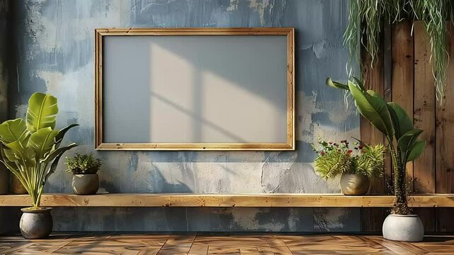 modern comfortable living room with indoor plants and empty photo frames footage