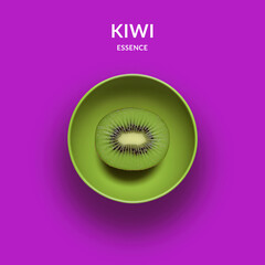 Single Kiwi Slice in a Green Bowl isolated on the purple background with copy space