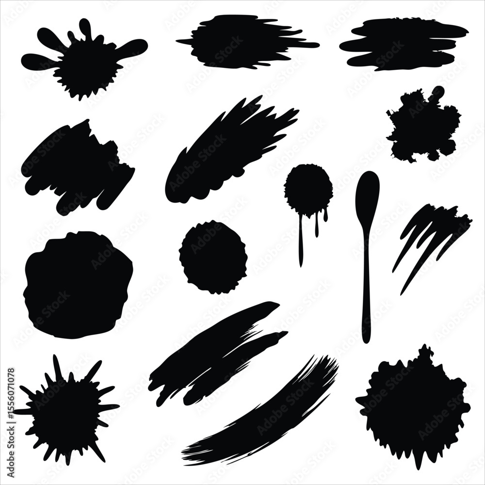 Poster collection of black ink splatters and brushstrokes in various abstract shapes and sizes isolated on 