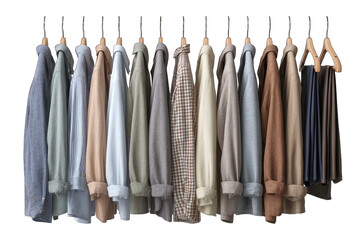 A row of neatly hung long-sleeved shirts and a skirt in a muted, neutral color palette, showcasing various textures and patterns