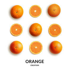 Grid of Whole and Sliced Oranges isolated on the white background with copy space