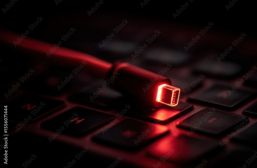 Poster red-lit usb-c cable glows intensely as it connects to a dark laptop keyboard, symbolizing power and 