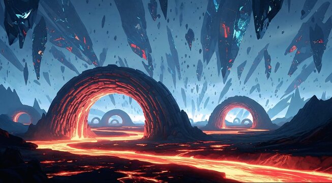 A mesmerizing sci-fi landscape with ancient glowing archways, flowing lava rivers, and sharp crystalline fragments suspended in the sky. Ideal for game art and fantasy backgrounds. - Powered by Adobe