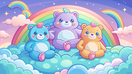 Naklejka premium A group of pastel-colored Care Bears sit on fluffy clouds under a rainbow sky. Each has a glowing belly symbol—a star, heart, or sunshine—that radiates gentle warmth. Soft lighting and sparkles give 