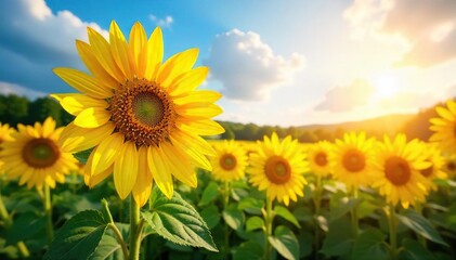 Fototapeta premium Vibrant sunflowers bask in the warm glow of sunshine, their golden petals reaching towards the sky A picturesque summer scene filled with bright colors and natural beauty , bright colors, light