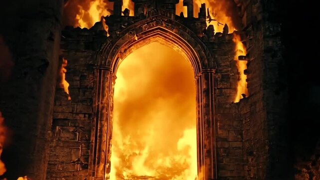 Hell Fortress Entrance with Fiery Skies and Gothic Spikes	

