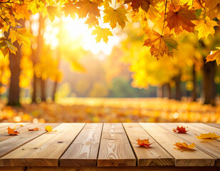 Flat Wooden Stage with Falling Autumn Leaves