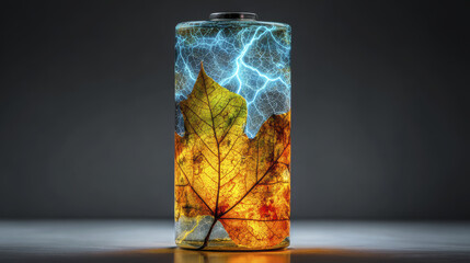 Battery made from leaves, glowing with natural energy, showcases unique blend of nature and technology. vibrant colors and intricate details highlight innovative concept of sustainable energy