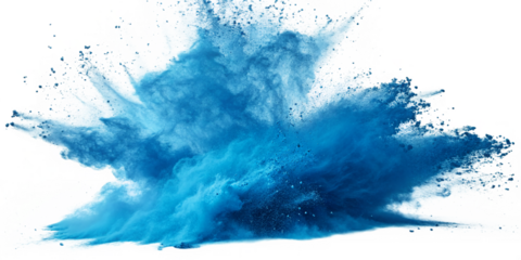 holi Dynamic vibrant blue color powder dust explosion isolated on transparent background	