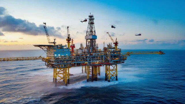 A vibrant sunset illuminates an offshore oil rig surrounded by calm ocean waters. Helicopters buzz around, supporting the ongoing operational activities at the rig site.