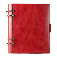 Red Leather Planner: A stylish red leather planner with a ring binder and pen loop lies flat, ready for scheduling and organization.