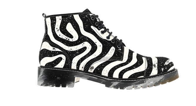 pair of zebra design boots in blavk and white