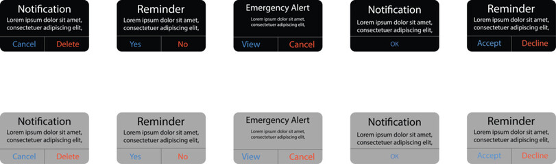  A collection of vector graphic elements featuring various UI pop-up windows, including notifications, reminders, and emergency alerts. Each pop-up displays placeholder text and actionable buttons lik