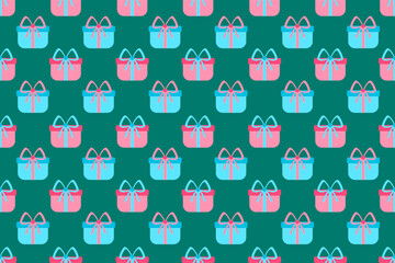Pastel Seamless Pattern with Christmas Gifts, Pink gift, blue gift, pink bow, blue bow, green background, for wrapping paper, fabric, texture, background, backdrop, clothes  