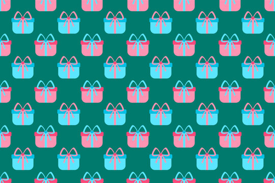 Pastel Seamless Pattern with Christmas Gifts, Pink gift, blue gift, pink bow, blue bow, green background, for wrapping paper, fabric, texture, background, backdrop, clothes  
