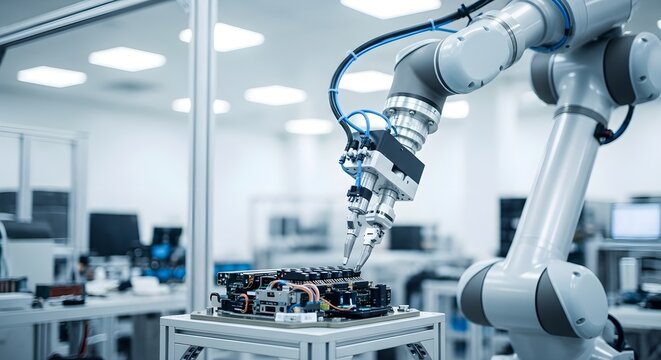 Robotic Arm Assembling Circuit Board in Modern Manufacturing Facility