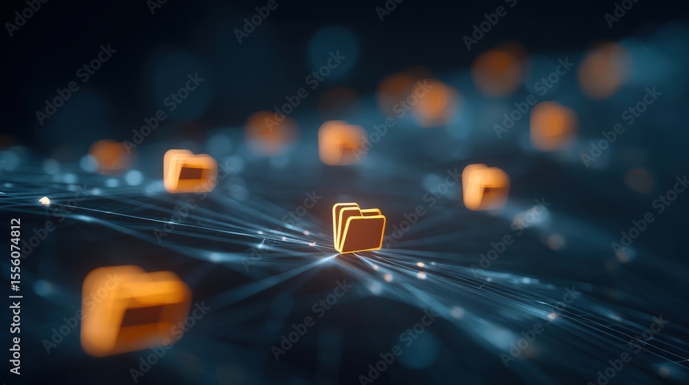 Poster abstract network grid with files and folders, futuristic software interface, digital document manage