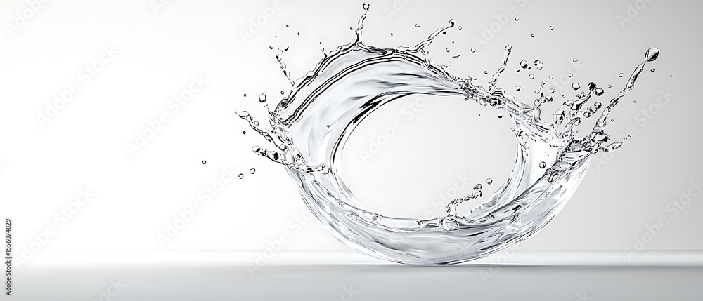 Poster clear water splash in dynamic movement creating beautiful water shapes and droplets on minimalist ba
