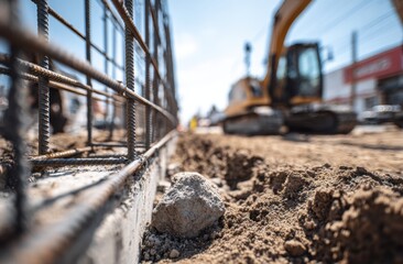 Reinforcement bars and fresh concrete form the foundation of a new roadway, a construction site bustling with activity in the background.
