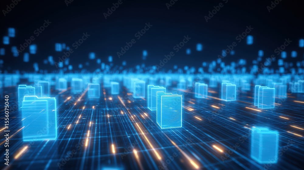 Poster abstract network grid with files and folders, futuristic software interface, digital document manage