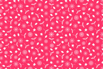Pink, Red Christmas winter seamless pattern, snowflake, clover leaf, flower, for wrapping paper, fabric, background, clothes, book cover