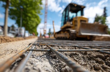 Reinforcement bars set in fresh concrete, a bulldozer waits nearby on a sunny construction site.