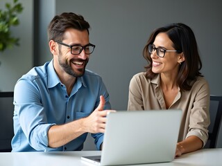Happy colleagues collaborating on a laptop business people