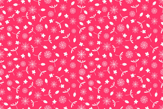 Pink, Red Christmas winter seamless pattern, snowflake, clover leaf, flower, for wrapping paper, fabric, background, clothes, book cover