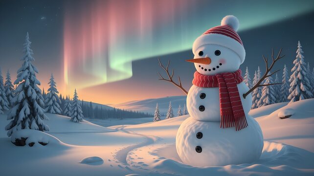 Snowman under the northern lights in a snowy lapland landscape