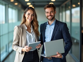 Professional colleagues smiling holding tablet and laptop business people