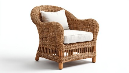Relax in Coastal Comfort: A Wicker Armchair with White Cushions