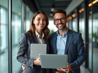 Professional colleagues smiling holding technology business people