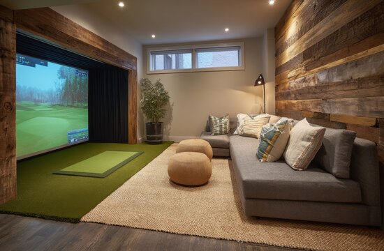 Relax and unwind in this stylish basement game room, complete with a golf simulator and cozy seating area. - Powered by Adobe