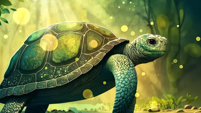 Fantasy Turtle in Sunlit Forest Illustration