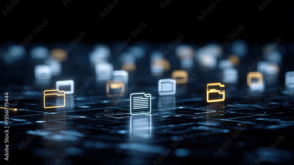 Poster abstract network grid with files and folders, futuristic software interface, digital document manage