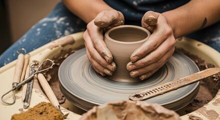 Skilled Hands Shaping Clay on a Potter's Wheel, Close-up
