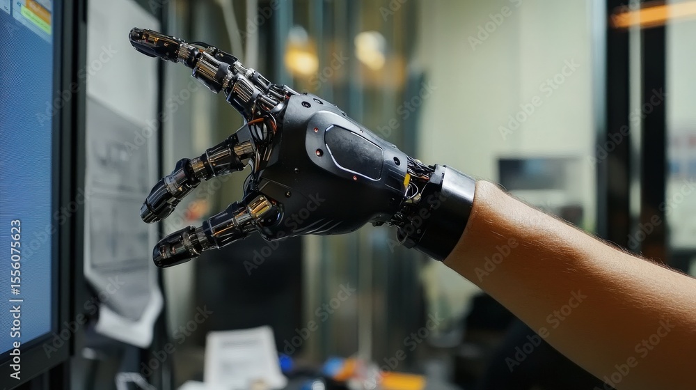 Poster Modern robotic hand is extending over a computer screen
