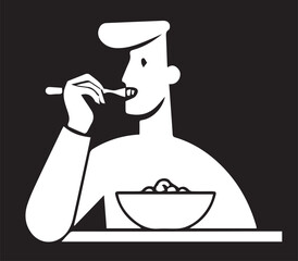 
A monochromatic vector illustration depicts a man eating from a bowl with a spoon, highlighting the act of dining.