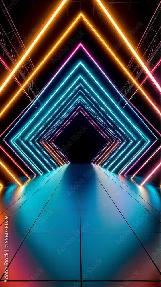 Poster abstract geometric tunnel perspective with glowing neon lights forming rhombus shapes and reflecting