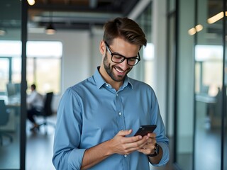 Smiling man wearing glasses using smartphone in office blue shirt