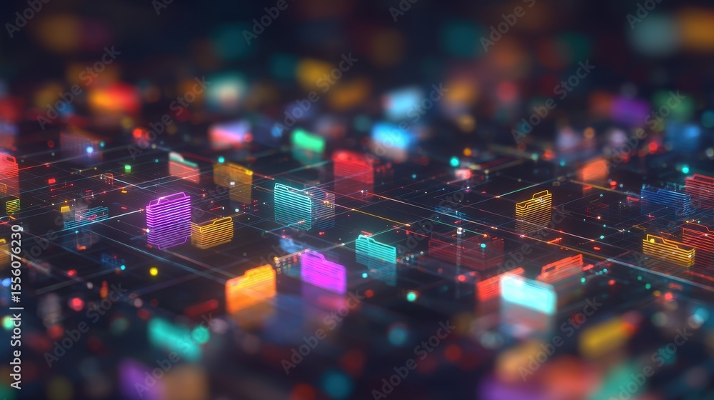 Poster abstract network grid with files and folders, futuristic software interface, digital document manage