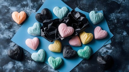 Assorted Colorful Heart Shaped Candies on Blue Background