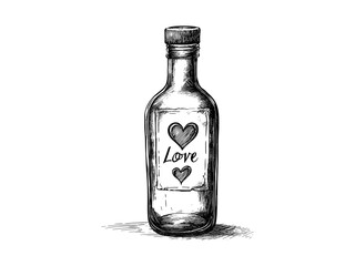 Romantic vintage love message in bottle engraving, trendy black sketch style, old engraving decor, Valentine’s Day holiday artwork, classic love symbol, rustic charm illustration