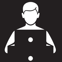 A white silhouette of a person working on a laptop, with two dots suggesting interaction or data, on a black background.