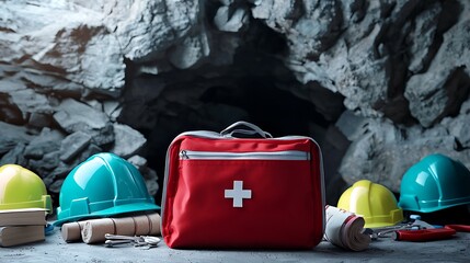 First Aid Kit with Essential Items for Safety in Mining or Construction Environment Surrounded by Hard Hats and Tools