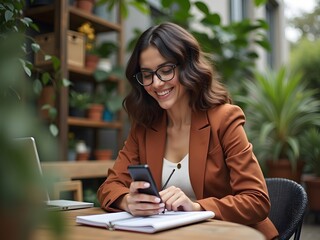 Woman wearing glasses and a brown blazer smiles while looking at her phone white